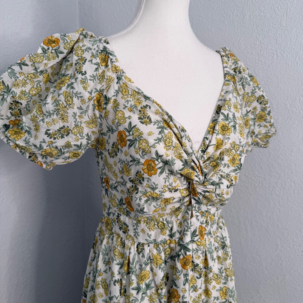 Japna Floral Cotton Maxi Dress Twist Front Puff Sleeve Lace Trim Yellow Green M - Picture 2 of 5